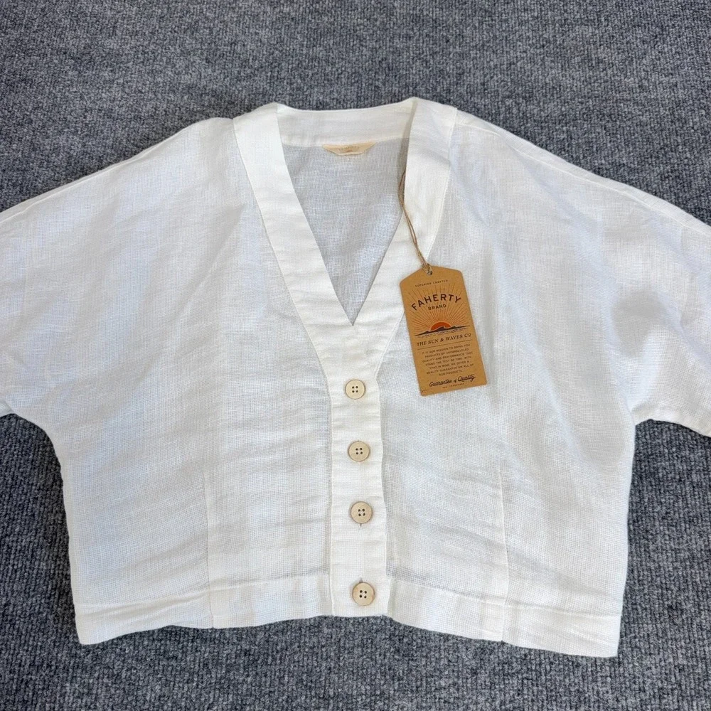 Faherty Top Women Medium Bright White Palma Linen Avery Shirt Cropped Button NEW - Picture 2 of 10